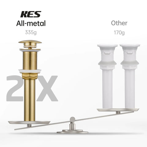 Comparison of Pop Up Sink Drain Stopper Without Overflow For Bathroom Vessel Sink, Brushed Gold Finish (all-metal) vs other (plastic) weight.