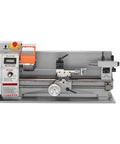 Real Deal 7 X 16 Inch Benchtop Metal Lathe With 800W Brushless Direct Drive Motor And Seamless Variable Speed Up To 2500 RPM, showing detailed controls and three jaw chuck.