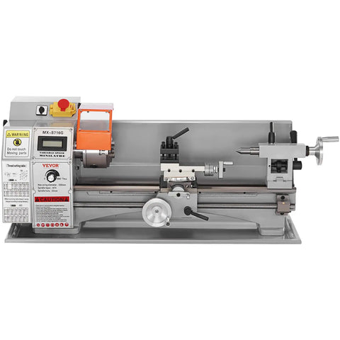 Real Deal 7 X 16 Inch Benchtop Metal Lathe With 800W Brushless Direct Drive Motor And Seamless Variable Speed Up To 2500 RPM, showing detailed controls and three jaw chuck.