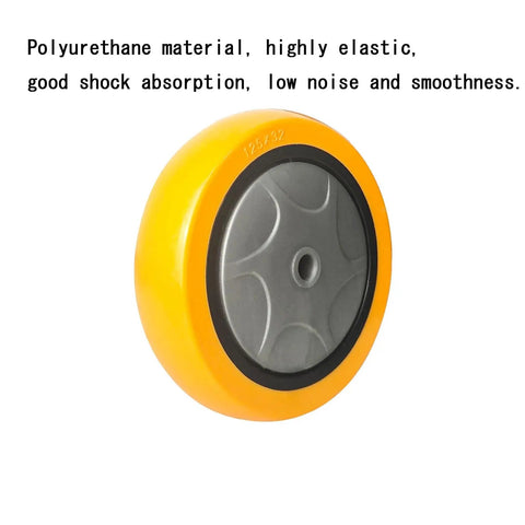 Badass Heavy Duty Workhorse Swivel Casters Kit Of Four With Bulletproof Polyurethane Wheels M12x30mm Threaded Stem dual lock caster wheel close-up with yellow polyurethane surface.