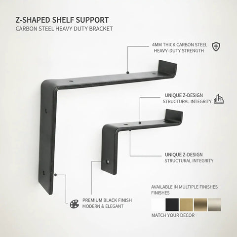 Z Shaped Carbon Steel Wall Bracket For Floating Shelves Beefy Heavy Duty Black Mounting Bracket Durable 4mm Thick Metal Support