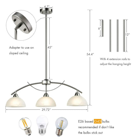 Modern Frosted Glass Alabaster Shade Pendant Lighting For Kitchen Island With Arched Rod Hung Sloped Ceiling Brushed Nickel Finish 3 Light Fixture ETL Listed dimensions and installation guide