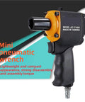 Legit 1/2 Inch Pneumatic Impact Wrench Short Body Mini Air Gun Trigger Style Compact Rig Built For Assembly Line Duties, featuring a black handle and orange accents.