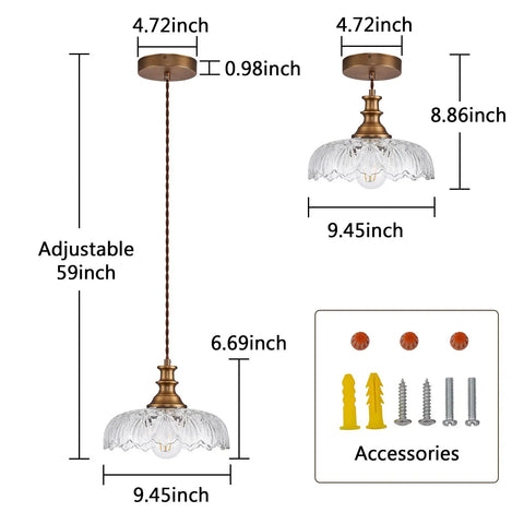 Dimensions and accessories of Vintage Flower Pendant Light Fixture For Kitchen Island And Living Room Bedroom Hallway Modern Hanging Lamp With Glass And Metal Shade