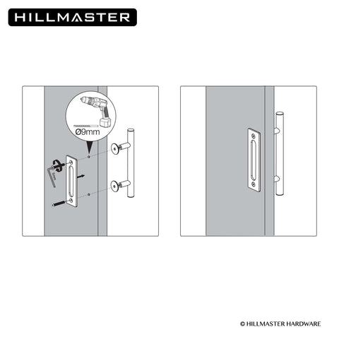 Diagram of 12 Inch Beefy Heavy Duty Sliding Barn Door Pull Handle Set With Two-Side Flush Design, installation guide shown.