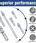 Assortment of zinc-plated carbon steel wedge anchors and bolts, showcasing 1/2 Inch By 3 Inch Wedge Anchor Set For Cement And Concrete Only.