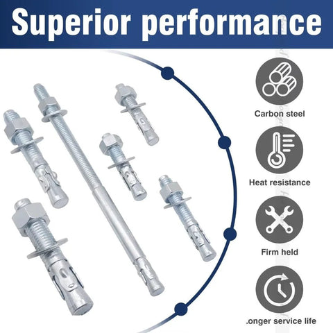 Assortment of zinc-plated carbon steel wedge anchors and bolts, showcasing 1/2 Inch By 3 Inch Wedge Anchor Set For Cement And Concrete Only.