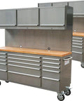 2 Pack Of 72 Inch Tall Stainless Steel Rolling Tool Chest With 15 Drawers 3 Wall Cabinets Pegboard And Deep Wood Top, side view.