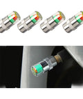 Four Pack Tire Pressure Monitor Valve Stem Caps With Three Color Eye Alert Reads 2.4 Bar 36 PSI For Car Tires Universal Valve Stem Caps No Fuss Install Durable Silver Finish