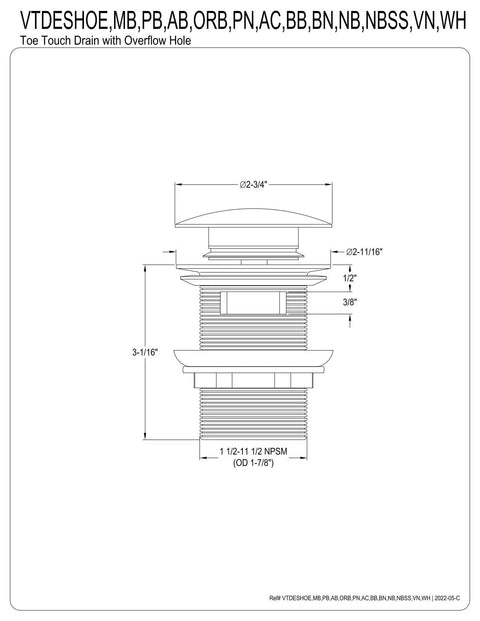 Technical drawing of Trimscape Toe Touch Tub Drain With Overflow, showing dimensions and polished chrome finish.