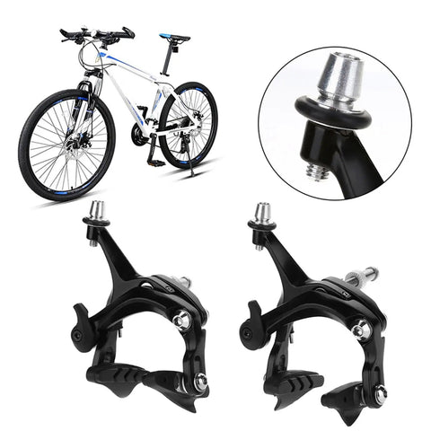 Deadly Smooth Road Bike V Brake Set Featuring Heavy Duty Mechanical Dual Pivot Calipers With Tough Aluminum Alloy Housing For Grip Tight Front And Rear Wheel Control In Sleek Black, detailed view of brake calipers.