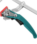 Badass Quick Release Track Saw Clamp Pair Featuring Ratchet Guide Rail Adapter For Mft Tables To Lock Workpieces Dead Tight For Precision Cuts And No Sweat Setup Today, showing a close-up of the clamp handle.