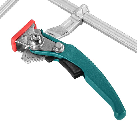 Badass Quick Release Track Saw Clamp Pair Featuring Ratchet Guide Rail Adapter For Mft Tables To Lock Workpieces Dead Tight For Precision Cuts And No Sweat Setup Today, showing a close-up of the clamp handle.