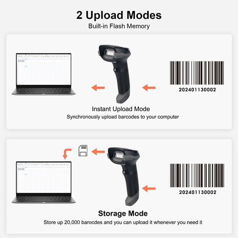 Two upload modes of Wireless Barcode Scanner With Bluetooth 2 4G 3 In 1 1D 2D QR Code Reader For Inventory Retail Library Use Handheld Barcode Scanner With Wireless Receiver Stand, showing instant and storage options.