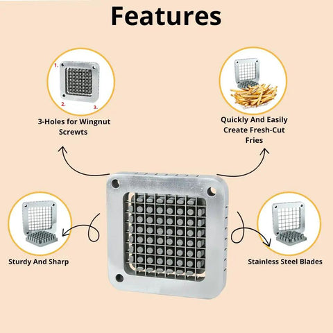 Top Tier Rock Solid 3/8 Inch French Fry Cutter Blade And Pushing Block Replacement Kit features sturdy stainless steel blades and three mounting holes.