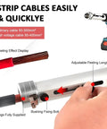 Premium Cordless Electric Wire Stripper Machine With Dual Four Ah Batteries And Twenty Bushings, displaying adjustable peeling length and wiring details.