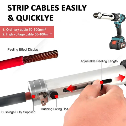 Premium Cordless Electric Wire Stripper Machine With Dual Four Ah Batteries And Twenty Bushings, displaying adjustable peeling length and wiring details.