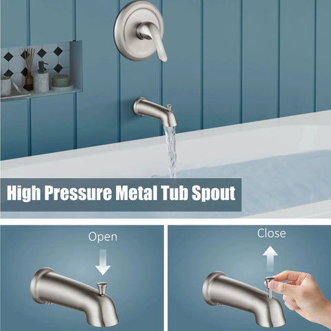 High End Brushed Nickel Tub And Shower Faucet Set Featuring Dual Showerheads And Eight Powerful Massage Jets Includes Full Concealed Wall Valve Kit For Fresh Modern Bathroom Upgrades Built Solid For Everyday Use