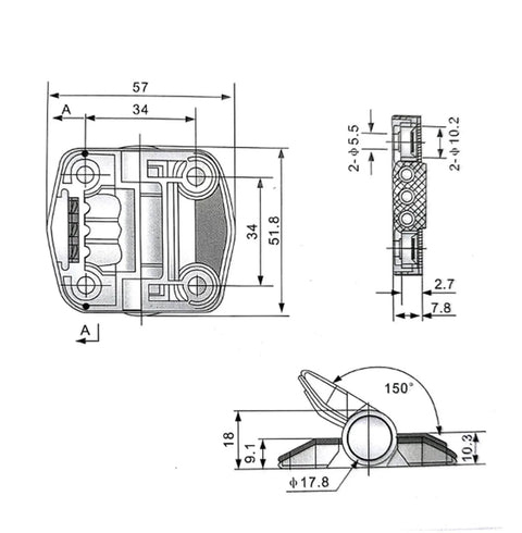 Technical drawing of Cl195 Plastic Hinge Adjustable Torque Multi Point Positioning Door Hinge Black 1 Piece for cabinets and doors