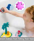 Child playing in bathtub with Hot Pink Silicone Bathtub Overflow Drain Cover for a Deeper Soak next to colorful bath toys.