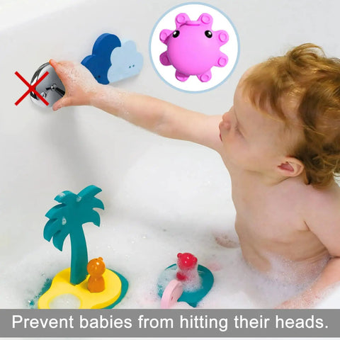 Child playing in bathtub with Hot Pink Silicone Bathtub Overflow Drain Cover for a Deeper Soak next to colorful bath toys.