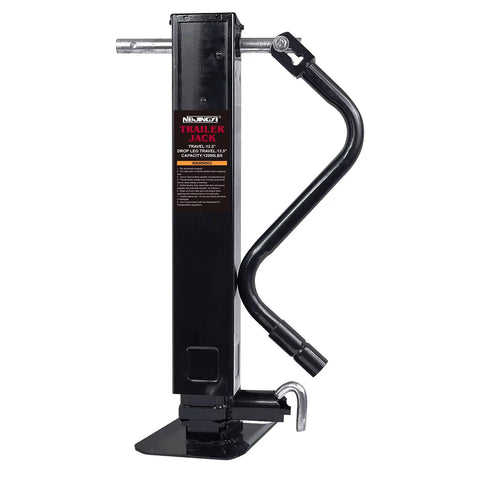 Heavy Duty 12000 Lbs Trailer Jack With WeldOn Square Tube Sidewind Crank 12.5 Inch Vertical Travel Drop Leg And Foot Plate For RVs And Equipment Haulers Black, showing sidewind crank and foot plate on white background