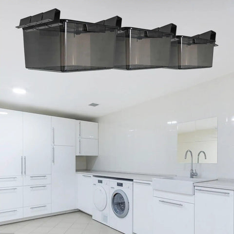 Garage Ceiling Storage Rack With Heavy Duty Overhead Tote Rail, Adjustable Ceiling Storage System For Most Bins And Totes, Black Steel Design