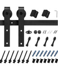 Heavy Duty Sliding Barn Door Hardware Kit For 60 Inch Wide Doors Up To 330 Lbs With Thickness Range Between One And Three Eighths And One And Three Quarters Inches Thick, Durable Carbon Steel Track And J Shape Rollers In Black Finish, Quiet Operation - product components displayed.