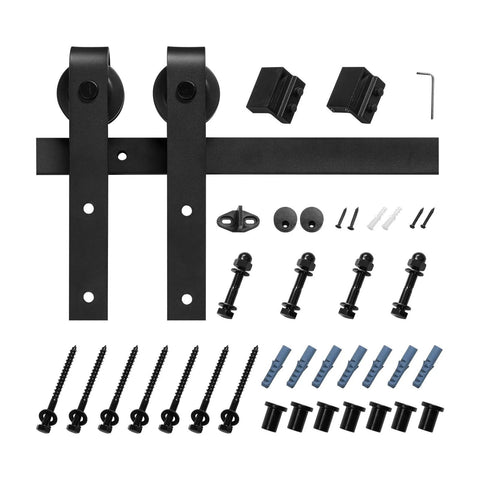 Heavy Duty Sliding Barn Door Hardware Kit For 60 Inch Wide Doors Up To 330 Lbs With Thickness Range Between One And Three Eighths And One And Three Quarters Inches Thick, Durable Carbon Steel Track And J Shape Rollers In Black Finish, Quiet Operation - product components displayed.