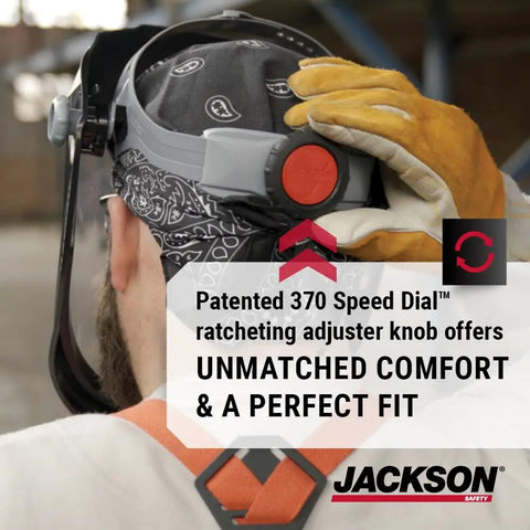 MAXVIEW Premium Face Shield With 370 Speed Dial Headgear for grinding and cutting, rear view showing Speed Dial adjustment.