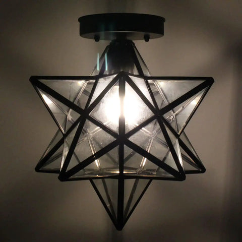 Moravian Star Tiffany Style Clear Glass Ceiling Light With Matte Black Base 12 Inch Shade 14 Inch Fixture Hardwired E26 Bulb Ready