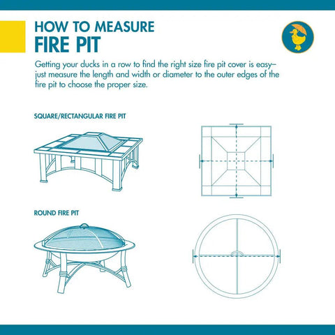 Guide on measuring fire pits; includes diagrams for square and round pits for Ultimate Waterproof 34 Inch Round Fire Pit Cover.
