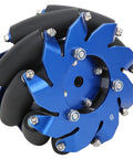 Close-up of left 4in blue aluminum Mecanum wheel with TPU rubber rollers for robotics