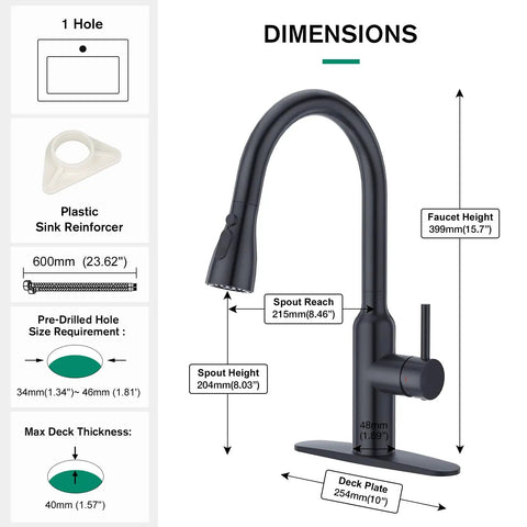 Dimensions diagram of Matte Black Kitchen Faucet With Pull Down Sprayer And 3 Modes, showing faucet and parts measurements.