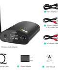 DS500 Hi-Res Bluetooth 5.3 Receiver with 32-Bit DAC and included accessories, showing cables and user manual