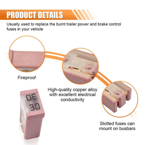 Detailed view of Six Pack 30A 32V Mini Slotted MCASE Cartridge Fuse Kit With Micro Low Profile Fuses showing copper elements.