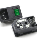 All-In-One Panel Mount AC Power Inlet Module With Fuses, Rocker Switch, and Green Pilot Light, IEC C14 Socket 250V 10A