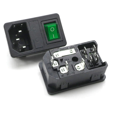 All-In-One Panel Mount AC Power Inlet Module With Fuses, Rocker Switch, and Green Pilot Light, IEC C14 Socket 250V 10A