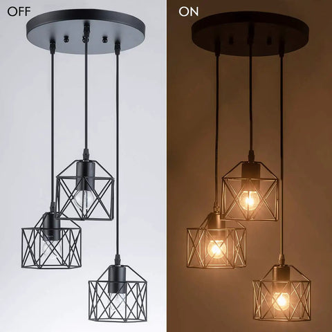 Industrial 3-Light Pendant Light With Black Metal Cage Shade, adjustable hanging fixture shown lit and unlit