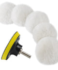 Five Piece 3 Inch Wool Buffing Pad Set for Drill With Hook and Loop Backing M10 Adapter shown with pads and backer