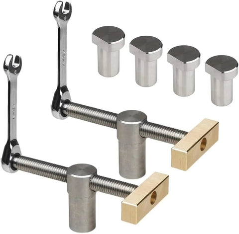 Two Sets Adjustable Desktop Clip Vise For Woodworking Brass And Aluminum Fixture Clamp Fast Fixed Clip For 20mm Dog Holes Joinery Carpenter Tool Benchtop Vise Durable DIY Clamp For Pros And Hobbyists, showing two vises with brass jaws and aluminum fixtures