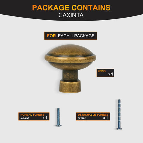 Antique Brass Cabinet Knobs Set of 10 with Single Hole Design, Zinc Alloy Drawer Pulls showing knob and screws