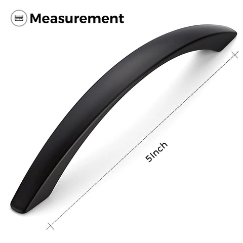Measurement of 5 inch matte black curved cabinet pull with arc design from 10 pack 5 inch matte black curved cabinet pulls for kitchen cupboards and dresser drawers with arch style hardware zinc alloy construction rust resistant includes screwdriver for easy installation.