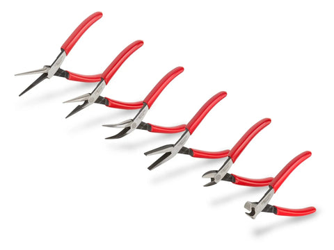 Six-Piece Tiny But Mighty Mini Pliers Set For Precision Work Including Needle Nose, Long Nose, Bent Long Nose, Flat Nose, and Cutting Pliers