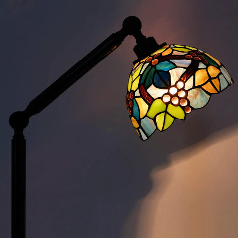 Amber Grape Stained Glass Tiffany Floor Lamp With Adjustable Swivel Arm 72 Inch Tall Reading Light 8 Inch Glass Shade Bronze Base