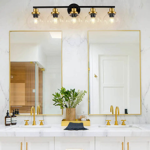 Mid Century Modern Bathroom Vanity Light Fixture With Clear Globe Glass Shades Five Light Black And Brass Gold Wall Sconce Over Mirror 36 Inch Vintage Style Bath Lighting Bulbs Not Included