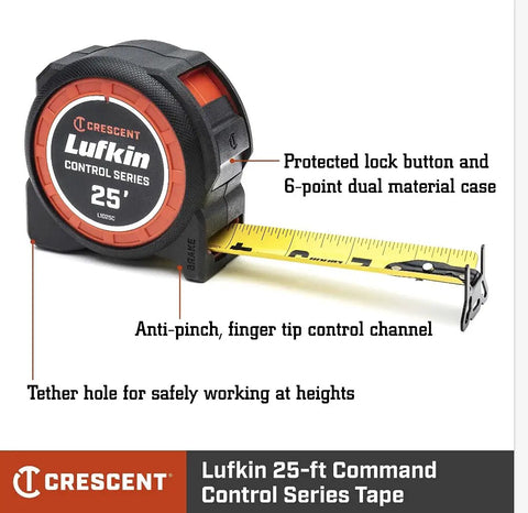1-3/16 Inch By 25 Foot Command Control Series Yellow Clad Tape Measure With Anti-Pinch Retractable Tape, Protected Lock Button