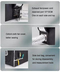 Exhaust fan port and side tool bag on resin 3D printer enclosure with temperature control, odor busting, LED lighting, adjustable fan speed