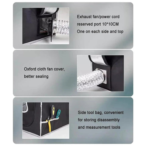 Exhaust fan port and side tool bag on resin 3D printer enclosure with temperature control, odor busting, LED lighting, adjustable fan speed