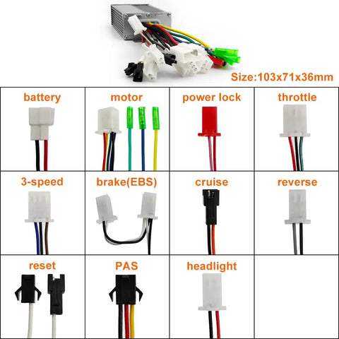 Plug And Play Slick Design 24V 36V 48V 350W Brushless Hub Motor Controller Square Wave Driver connectors and wiring layout